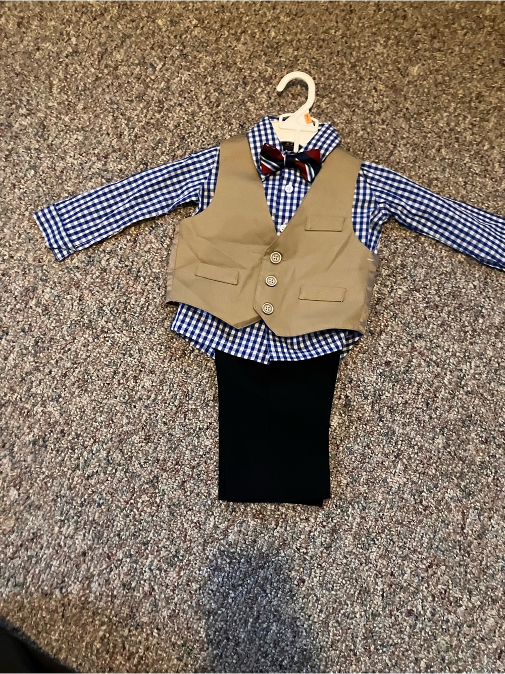Boys Tan Vest & Blue Gingham Shirt Outfit with Bow Tie